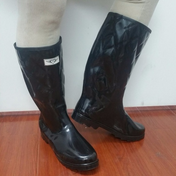 Women's Rainboots, Tall Quilted Rubber Rain Boots, #1411, Black Size 6 - Picture 1 of 4